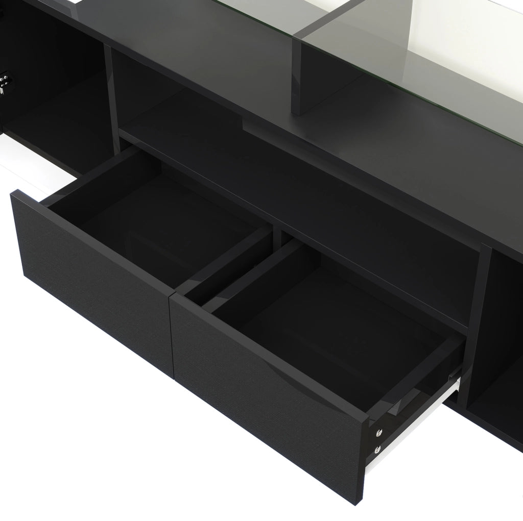 Mobile TV moderno 200x35x60 cm bianco e nero lucido con LED, 6 ante, 2 cassetti e 3 vani