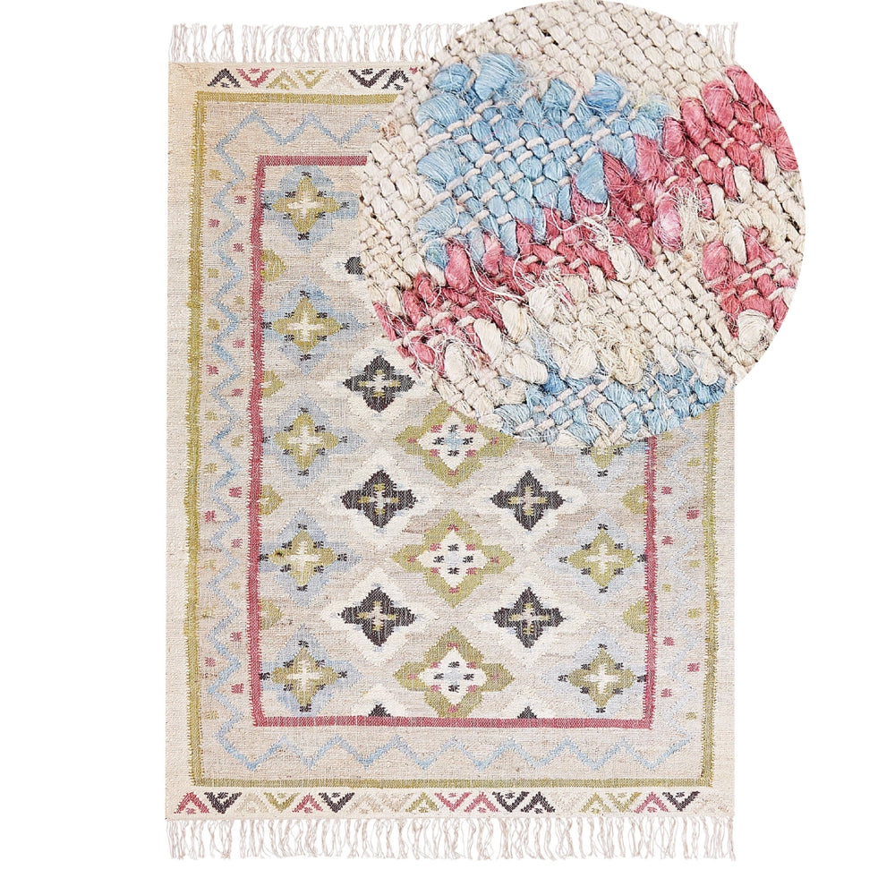 Tappeto in iuta beige multicolore 140 x 200 cm fatto a mano con nappe soggiorno camera da letto