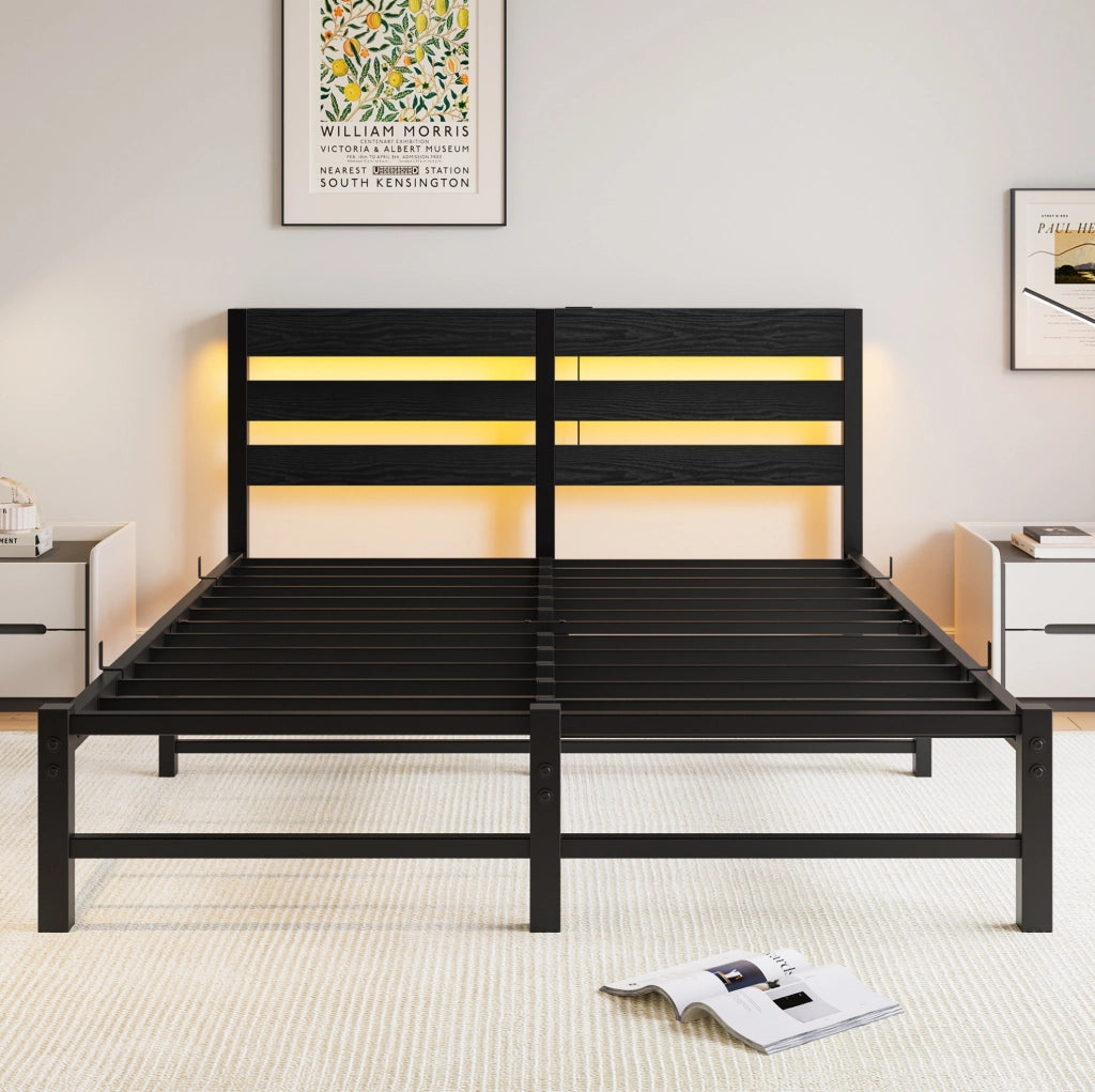 Letto in metallo 140x200 cm con LED RGB; 2 porte USB e ripiano; nero