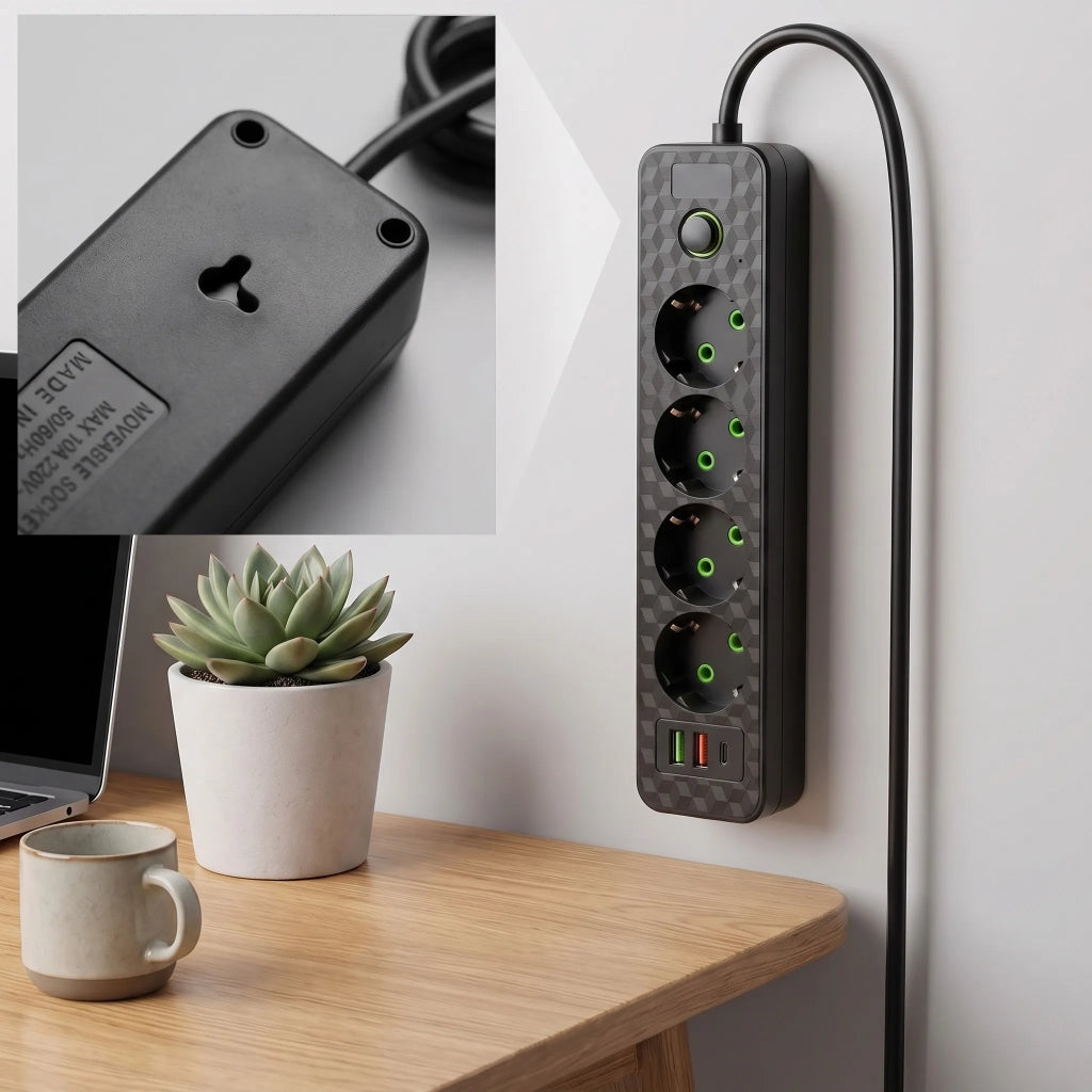 Multipresa Con Prolunga, 4 Prese + 2 Porte Usb-a + Usb-c Jnh021-4a Black