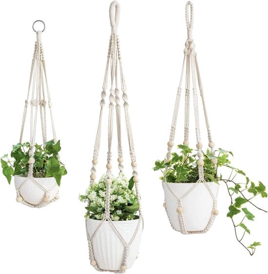 Set di 3 vasi per fiori in macramé - Corda di cotone con perle - 58 cm/73 cm/89 cm