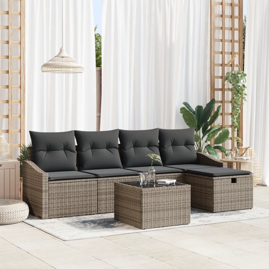 Set Divano da Giardino 6 Pezzi con Cuscini Grigio Poly Rattan