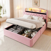 LETTO Contenitore 140x200 cm in Velluto Rosa con LED USB e USB-C