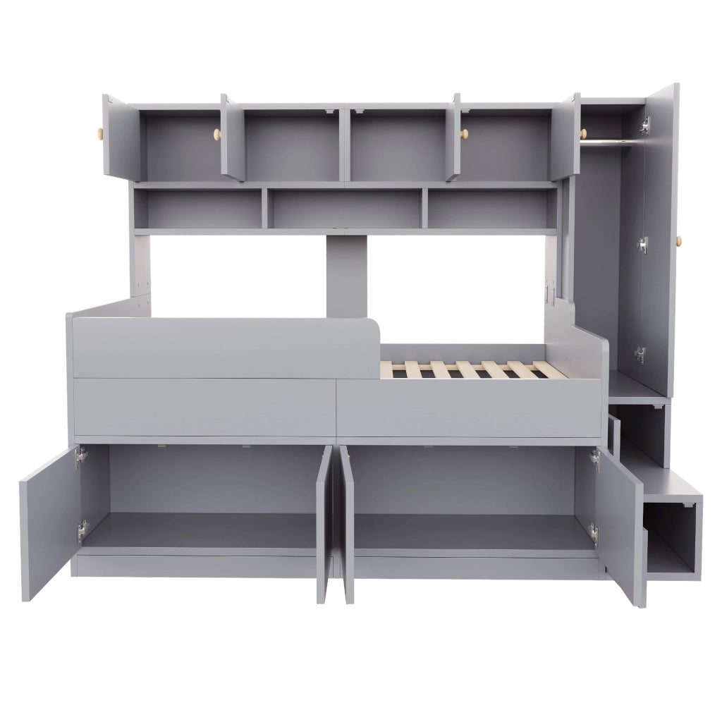 Letto per bambini con contenitore; scala e LED 90x200 cm in legno grigio