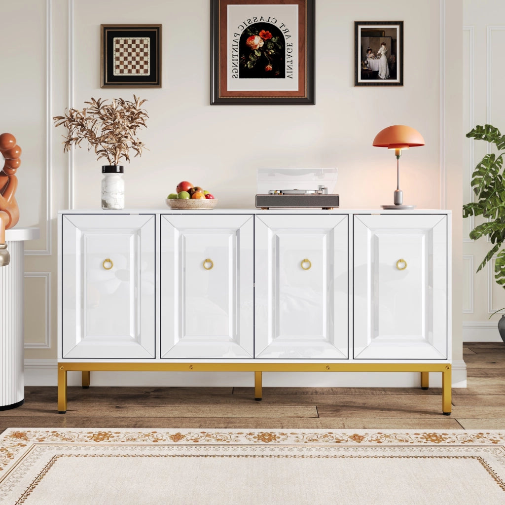 Credenza con 4 Ante e Ripiani Regolabili; Finitura Lucida; in MDF e Pannello Truciolare; Bianco; 140??40??80 cm