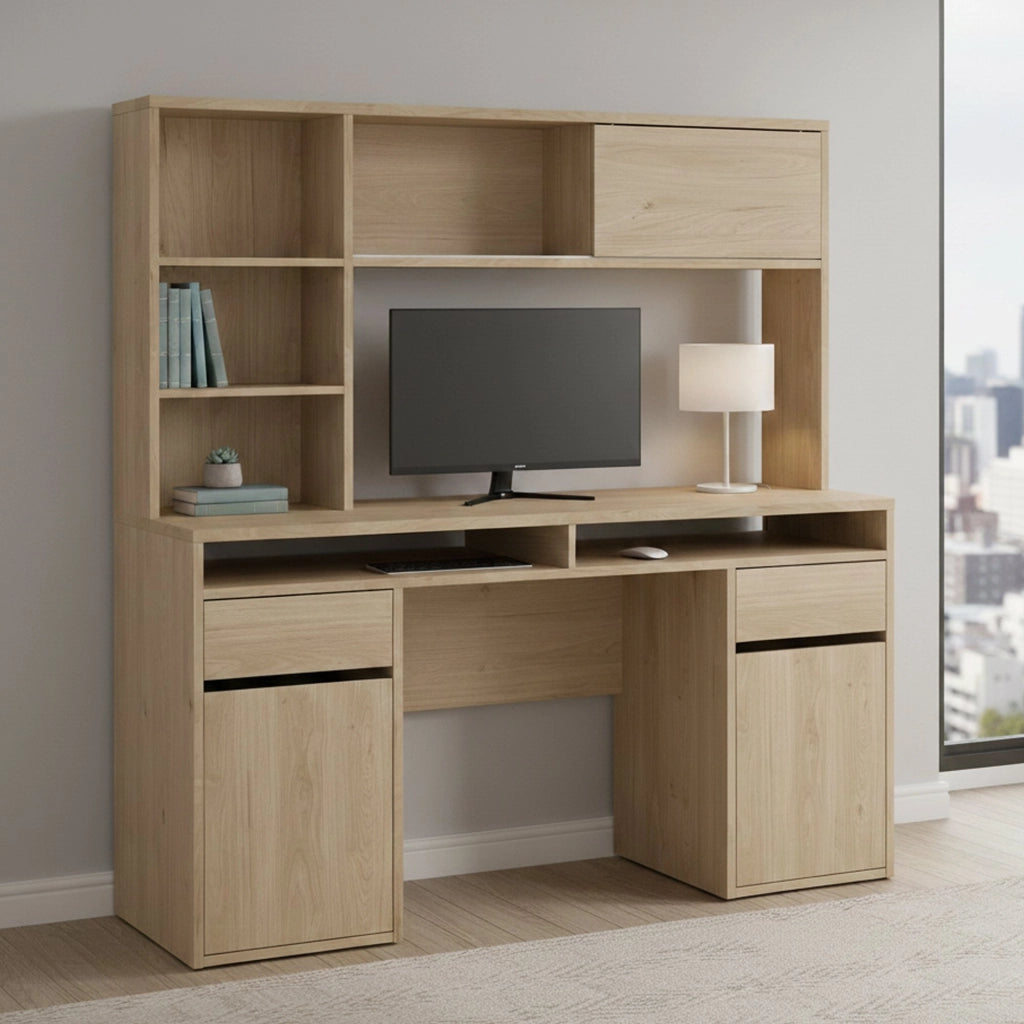Scrivania Ambrenti, Scrittoio multiuso, Tavolo per ufficio porta PC, Piano di lavoro, 149x48 h156 cm, Rovere