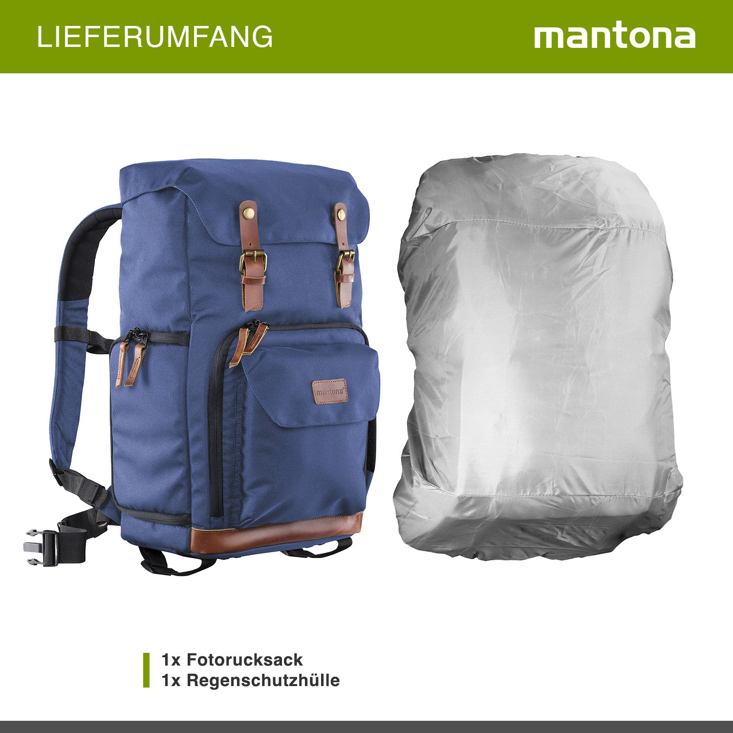Mantona Luis Retro Zaino fotografico blu, per fotocamera con copertura antipioggia, borsa fotografica con scomparto per laptop, DSLR, 3 obiettivi e accessori fotografici
