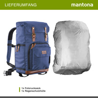 Mantona Luis Retro Zaino fotografico blu, per fotocamera con copertura antipioggia, borsa fotografica con scomparto per laptop, DSLR, 3 obiettivi e accessori fotografici