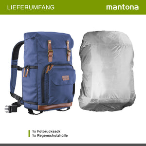 Mantona Luis Retro Zaino fotografico blu, per fotocamera con copertura antipioggia, borsa fotografica con scomparto per laptop, DSLR, 3 obiettivi e accessori fotografici