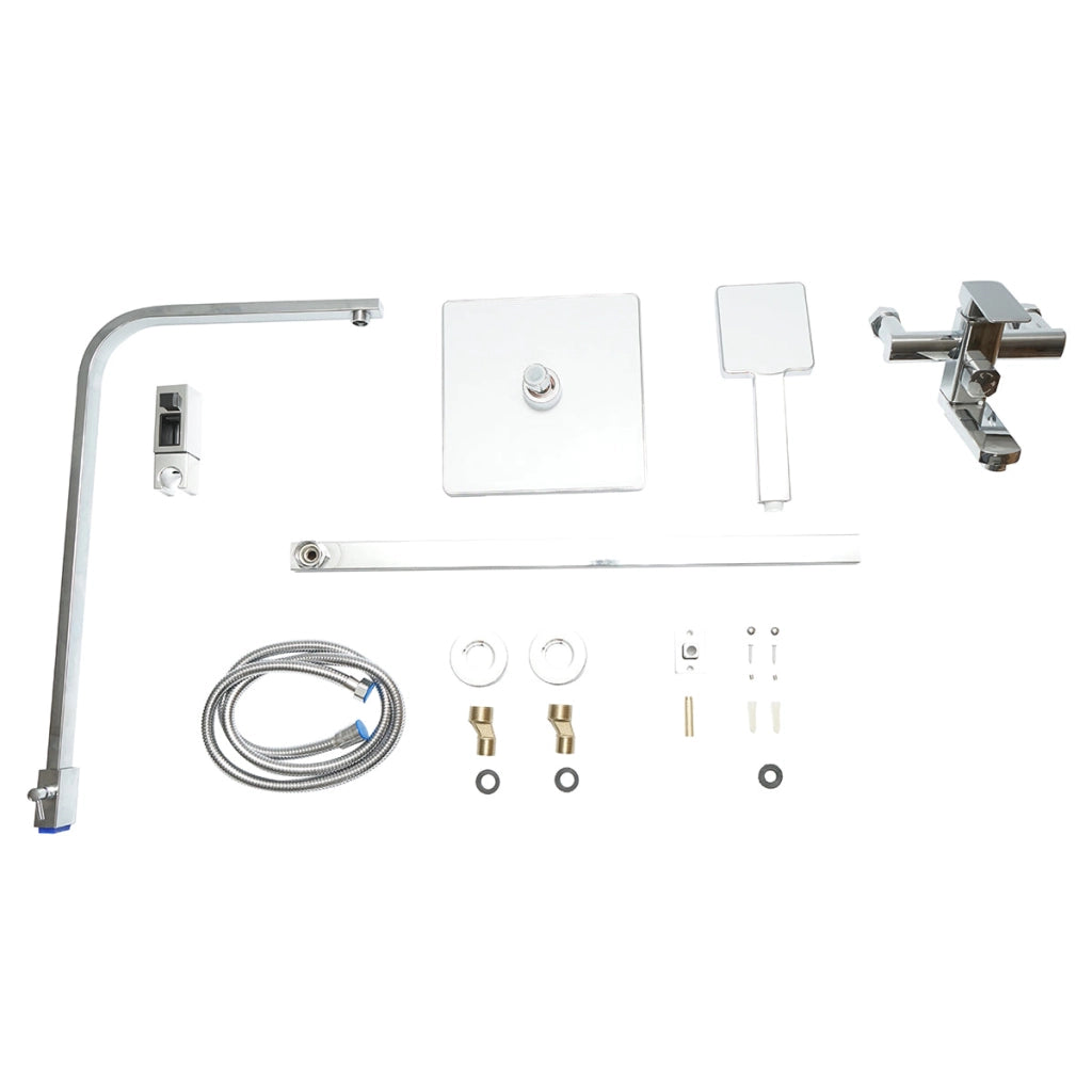 Set doccia multifunzionale da parete con doccetta a mano, bocca per vasca, soffione rettangolare, cartuccia in ceramica, finitura cromo lucido.