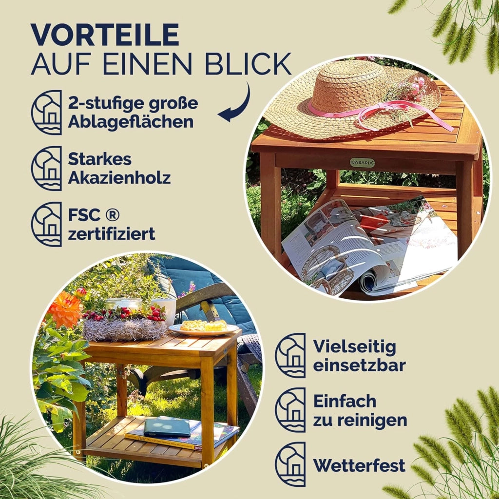 ® Tavolino da Giardino 45x45x45cm Portata 80kg 2 Ripiani Tavolo da Balcone Tavolo da Caffè Tavolo Piccolo Legno Acacia Tavolino estreno Legno