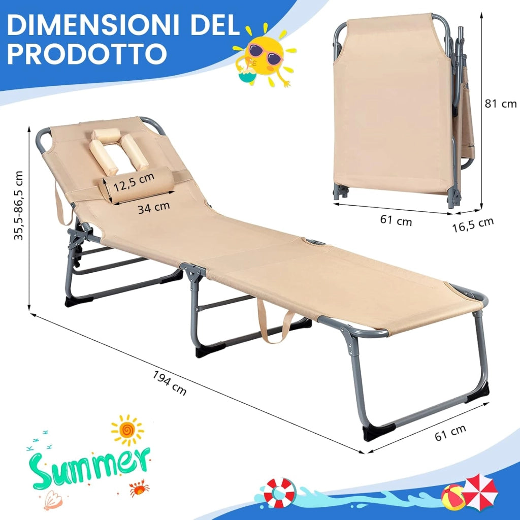 Lettino Prendisole Pieghevole, Sedia a Sdraio da Giardino con Foro per il Viso e Cuscini, Schienale Reclinabile, per Spiaggia Patio Piscina (beige)