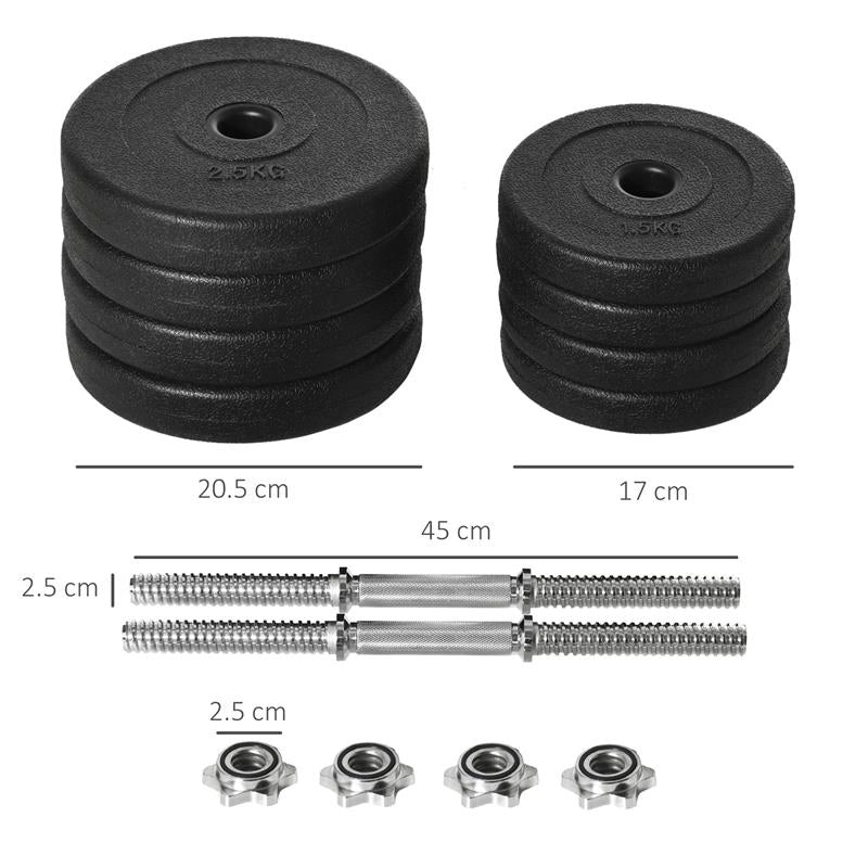 SET MANUBRI PESI 20 KG (4X2.5 KG, 4X1.5 KG) CON 8 DISCHI E 2 MANUBRI DA 2 KG, 43X18X7.5 CM, NERO