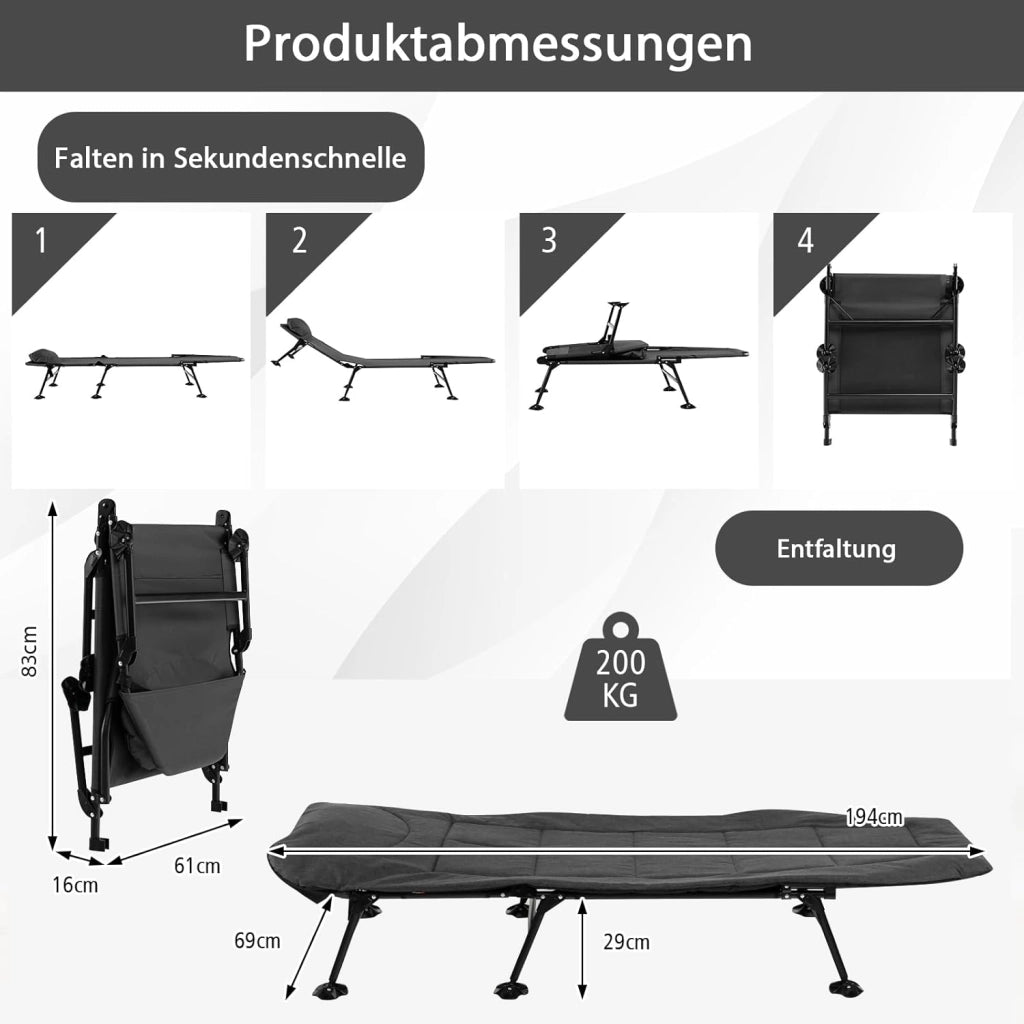 SOARS Sdraio pieghevole alla carpa con schienale regolabile in 6 posizioni, cuscino e materasso, lettino da campeggio a 6 gambe con grandi piedi di fango fino a 200 kg, portata 194 x 66 x 29 cm