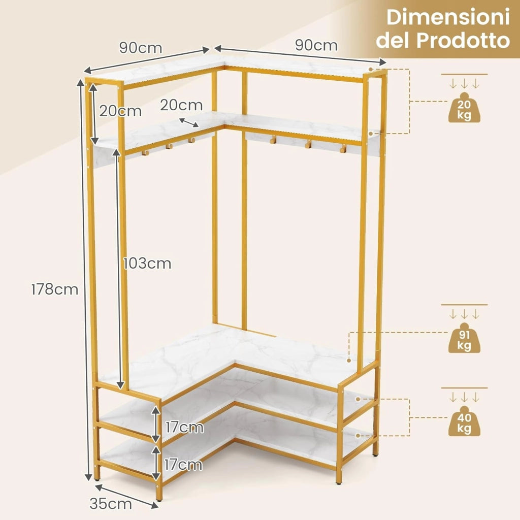 Stand Appendiabiti Angolare, Appendiabiti a Forma L con Ripiani Aperti 7 Ganci e Panca per Scarpe, Struttura in Metallo e Piedini Regolabili, 90x90x178 cm (Bianco)