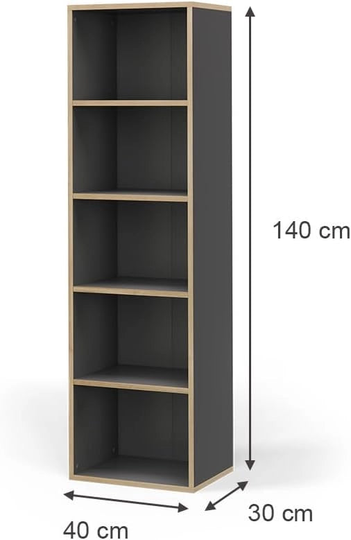 Libreria Tetrix, Antracite, 40 x 140 cm con 5 scomparti, per la conservazione di libri e decorazioni