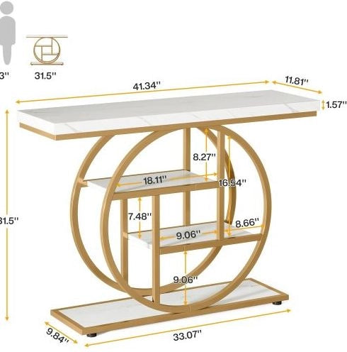 Console 105x30x80 cm bianca e dorata, 4 livelli, struttura in metallo e legno