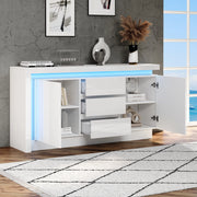 Credenza bianca lucida 140x35x72 cm con LED e 3 cassetti