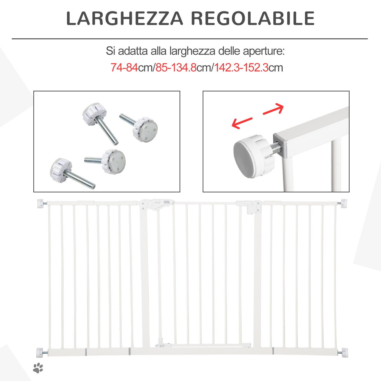 Cancelletto di Sicurezza per Animali Domestici 3 Estensioni Regolabile 74-148cm Chiusura Automatica Bianco