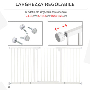 Cancelletto di Sicurezza per Animali Domestici 3 Estensioni Regolabile 74-148cm Chiusura Automatica Bianco