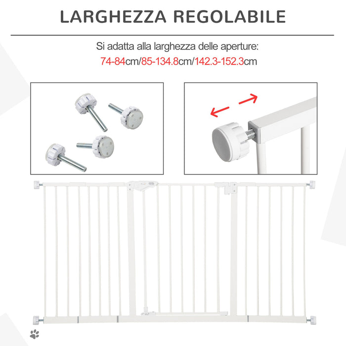Cancelletto di Sicurezza per Animali Domestici 3 Estensioni Regolabile 74-148cm Chiusura Automatica Bianco