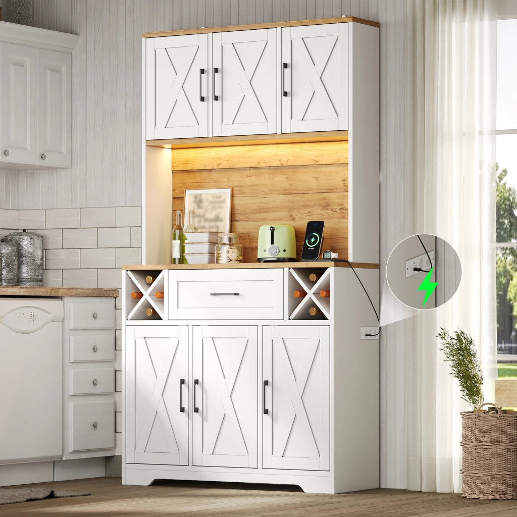 Credenza da cucina alta con LED RGB, prese USB e AC, mobile dispensa con portasigari vino, 105×40×180 cm