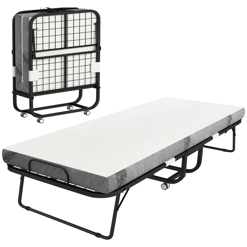 Letto per ospiti, letto pieghevole, letto da viaggio con ruote, materasso, acciaio, bianco+nero