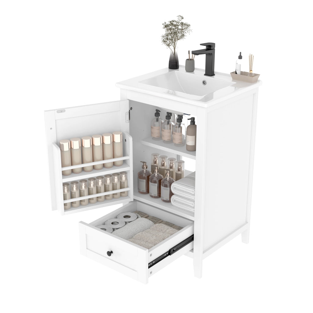 Mobile sottolavabo con lavandino in ceramica, 1 anta, 1 cassetto e ripiano regolabile, per bagno, bianco, 51 × 46 × 85 cm