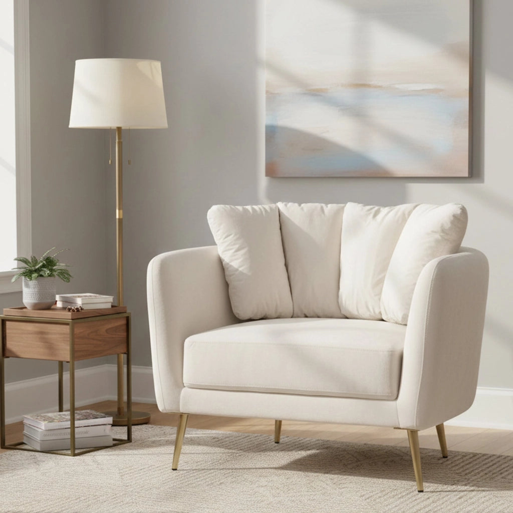 Poltrona Foster, Seduta imbottita, Divano singolo da salotto, Sedia con braccioli, 88x77 h74 cm, Crema e Oro