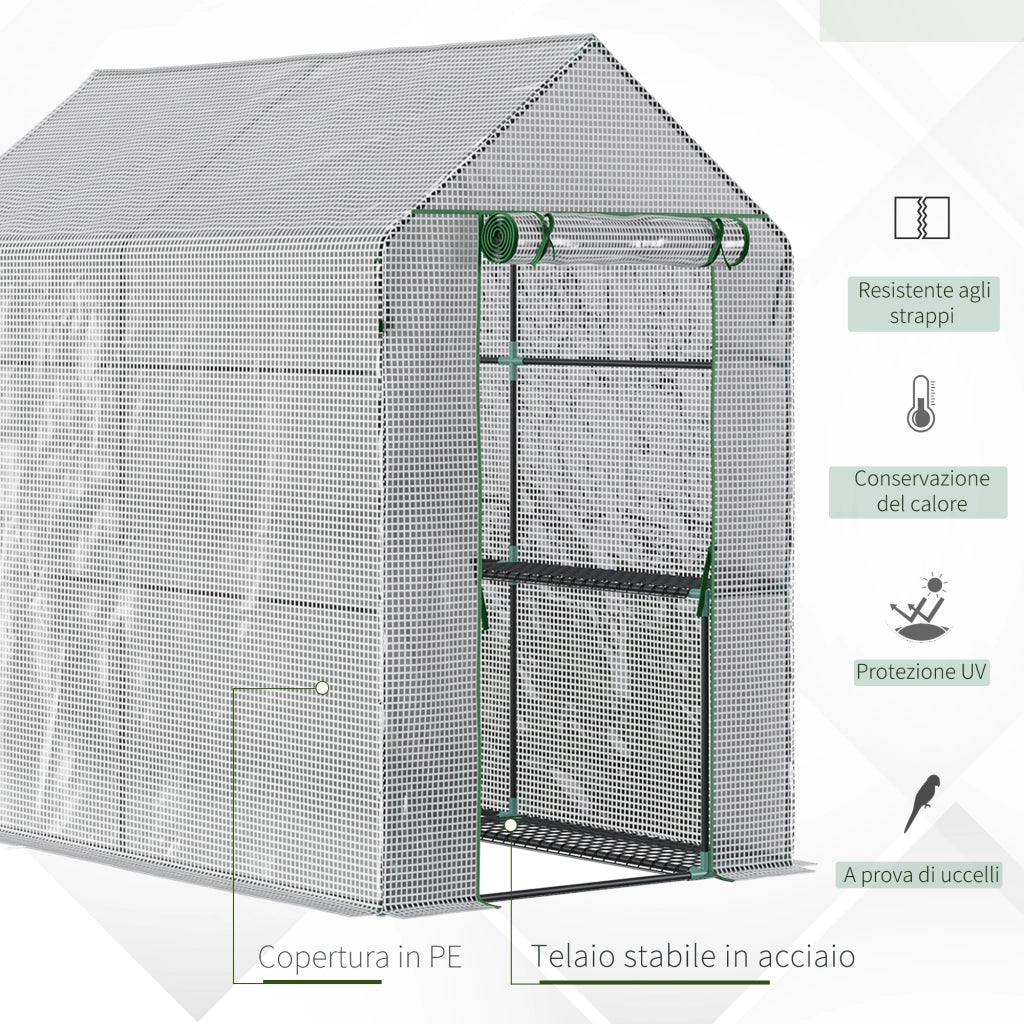 EasyComfort Serra a Casetta con Rivestimento in PE, Porta a Cerniera e 4 Ripiani, 186x120x190cm, Bianco