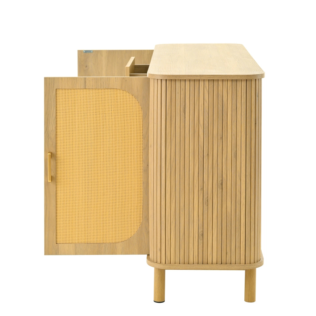Credenza con 2 Ante in Rattan; 3 Cassetti e 2 Ripiani; Gambe in Metallo Effetto Legno; in MDF; 140??40??80 cm; Naturale