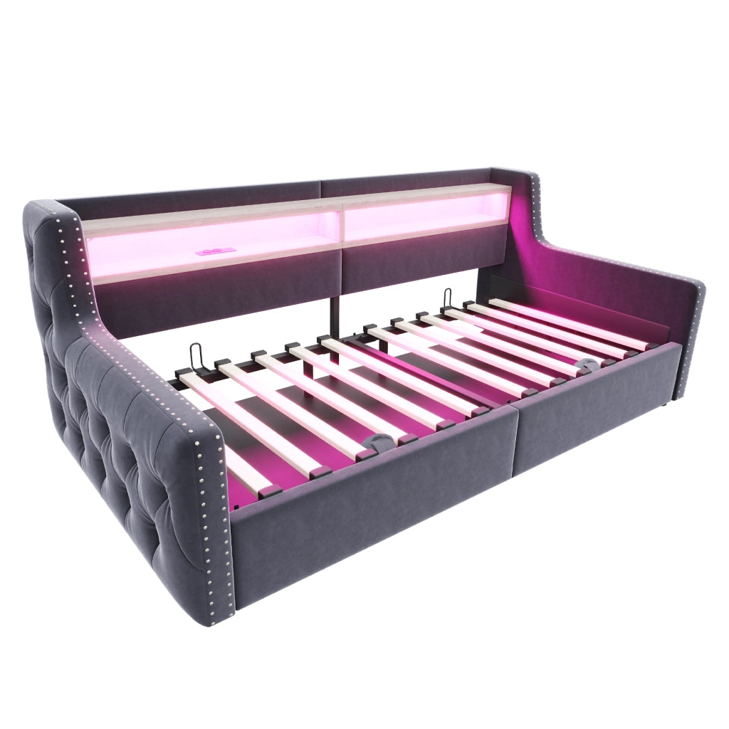 Letto imbottito singolo 90×200 cm con contenitore; LED; USB e Type-C; senza materasso; velluto; grigio