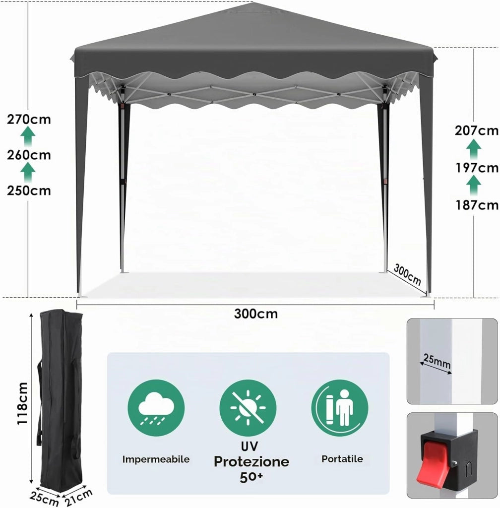 Gazebi Pieghevole con Oxford Tenda Impermeabile, Padiglione Giardino Protezione UV 50+, Tenda per Feste (Grigio), Sacchi di Sabbia 4 PCS