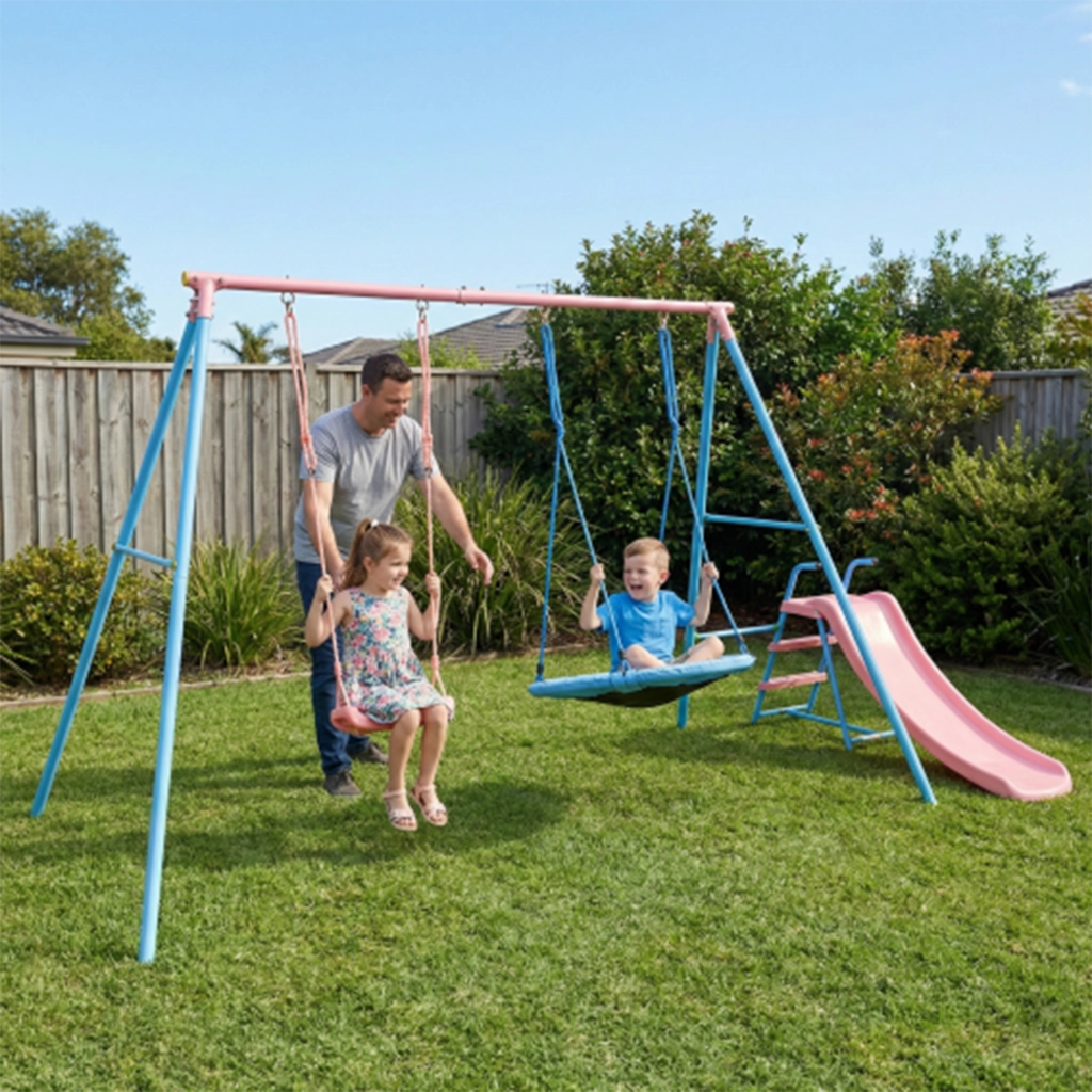 Set altalena da giardino con 2 altalene e scivolo in metallo e HDPE blu e rosa per bambini dai 3 anni
