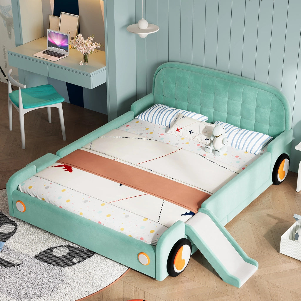 Letto per bambini 140 × 200 cm con scivolo e scala, montaggio sinistra/destra, senza materasso, in velluto bluverde