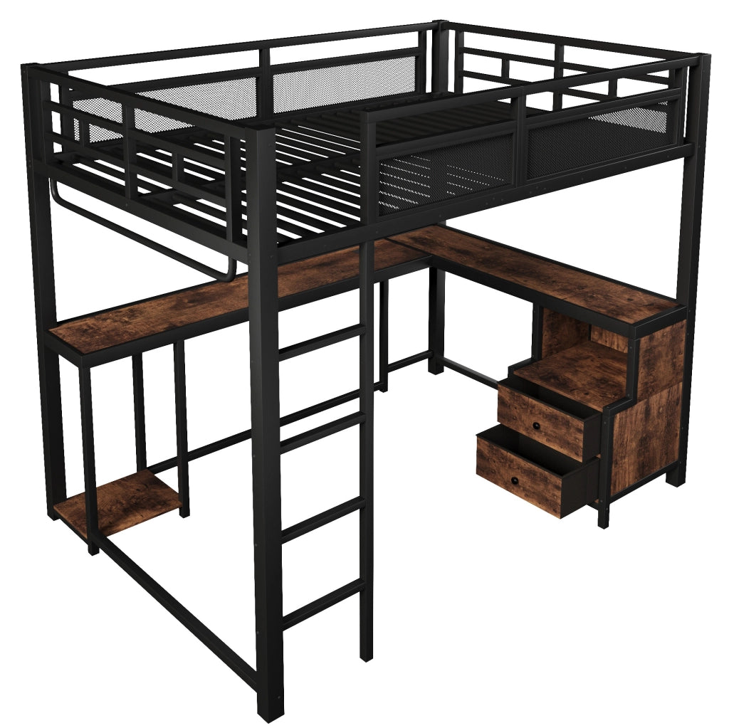 Letto a soppalco 140x200 cm con scrivania; LED e porta USB in metallo e legno nero
