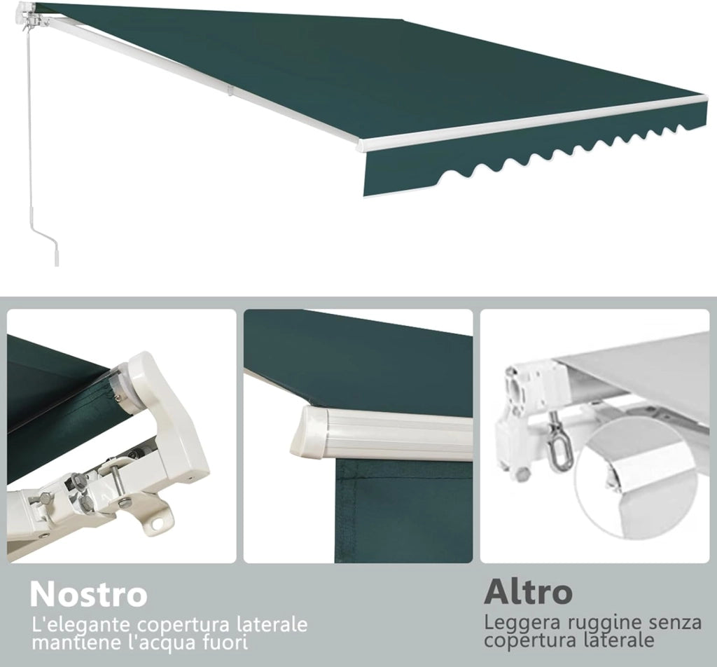 Tenda da Sole per Esterno Avvolgibile 3 x 2,5 M, Tenda da Sole a Bracci Estensibili con Telaio in Alluminio, Tettuccio Resistente al Sole e Impermeabile e Manovella (3 x 2,5 M, Verde)