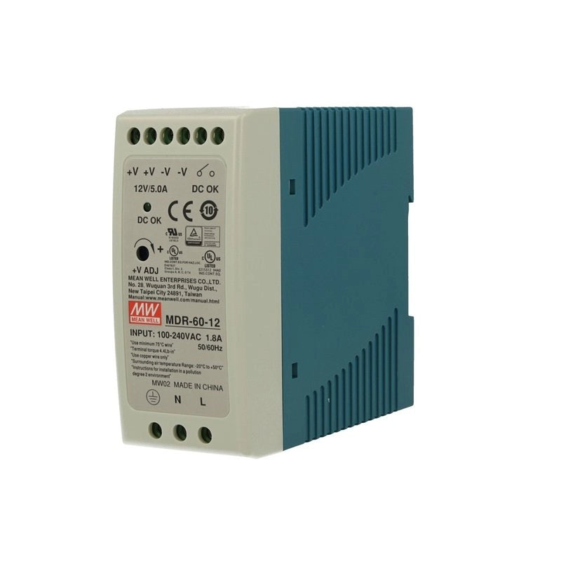 Alimentatore Rotaia Industriale MW MEAN WELL MDR-60-12 60W 12V 5A Barra Guida DIN Rail Single Power Supply Input 220V 110V