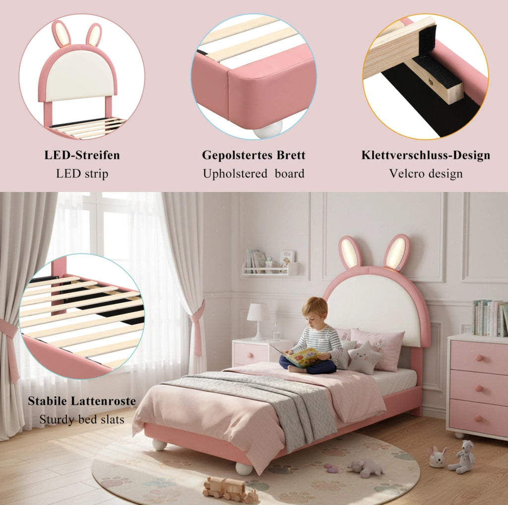 Letto singolo imbottito a coniglio con LED rosa e bianco 90x200 cm