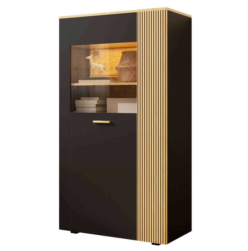 Armadio Moderno in Truciolato con LED a 16 Colori, 3 Ripiani Fissi e 2 Regolabili, Gestione Cavi, Porta in Vetro - 80x40x146 cm, Nero e Legno