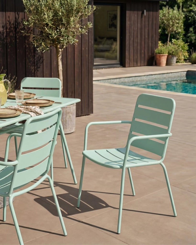 Set di 6 sedie da giardino in ferro zincato verniciato a polvere, colore verde menta, per esterni, stile moderno