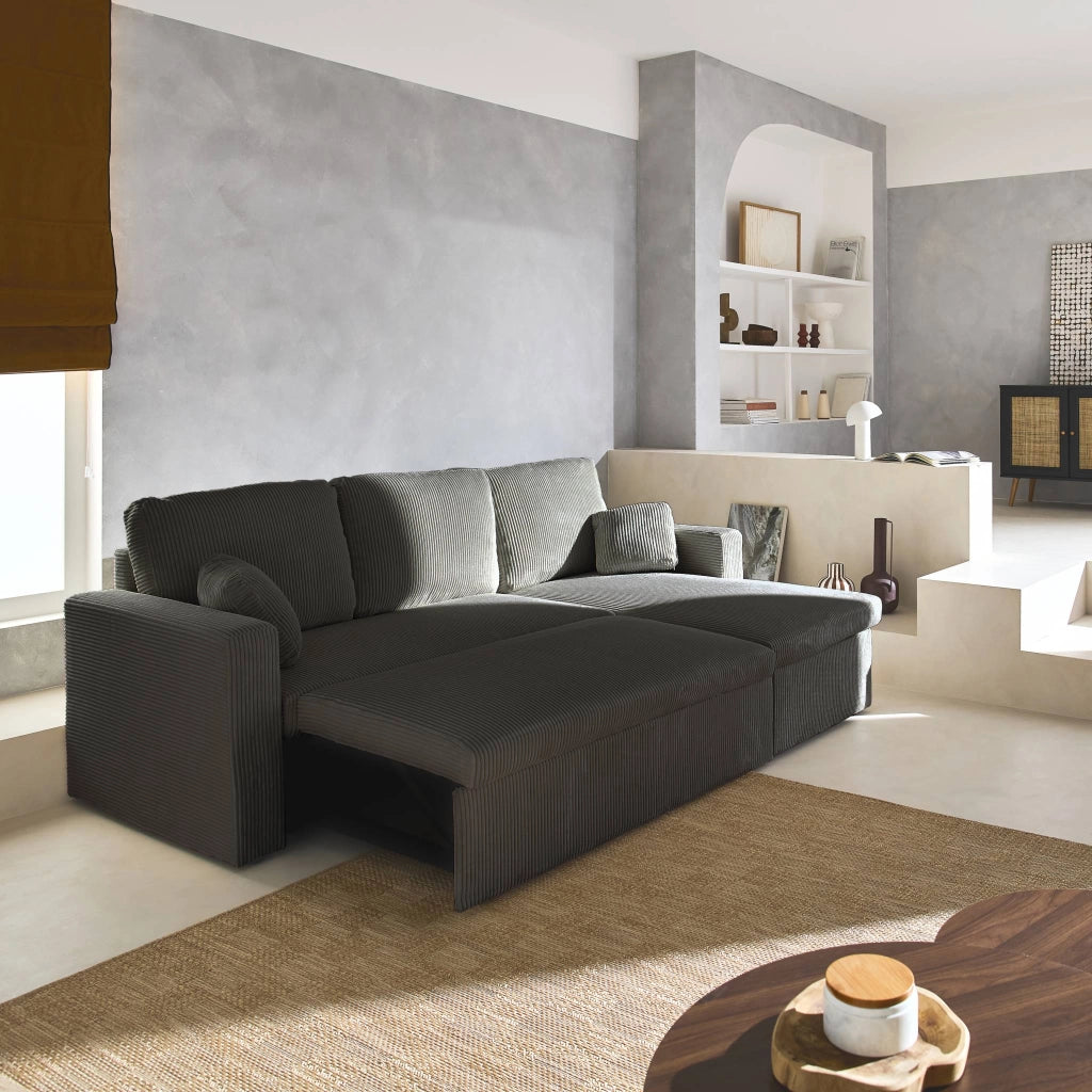 Divano letto angolare reversibile, 3 posti, grigio scuro