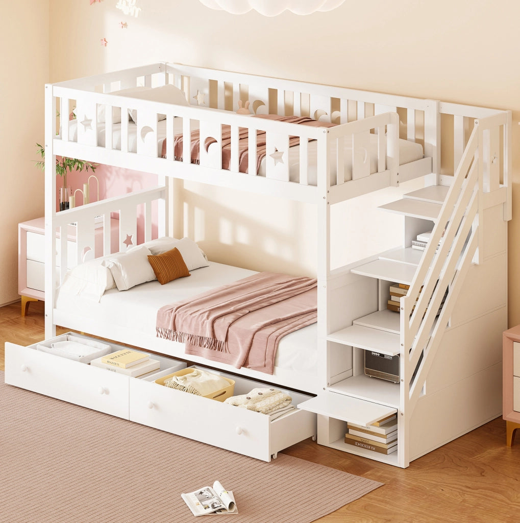 Letto a castello per bambini 90x200 cm bianco con scala contenitore