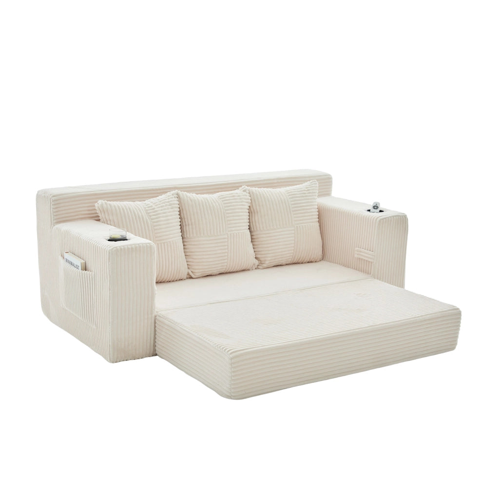 Divano modulare 2 posti in velluto a coste beige; con portabicchieri e tasche laterali; 172 x 87 x 64 cm
