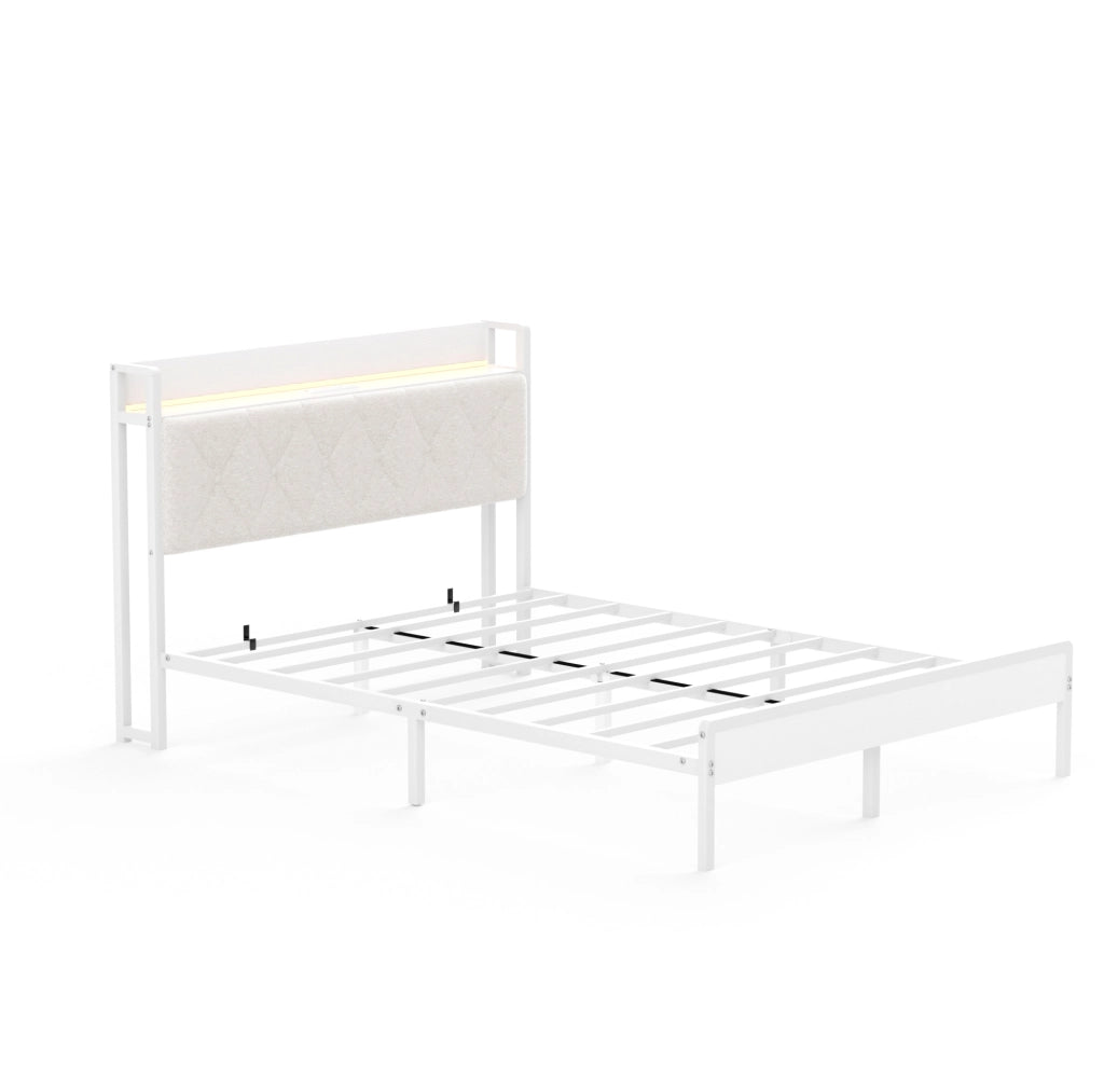 Letto imbottito 140x190 cm con testiera LED e USB in lino; acciaio e pannello truciolare bianco