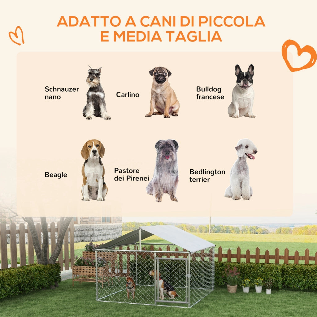 Kennel per Cani da Esterno, Recinto per Animali con Copertura Impermeabile, 200x200x150cm, Argento e Grigio