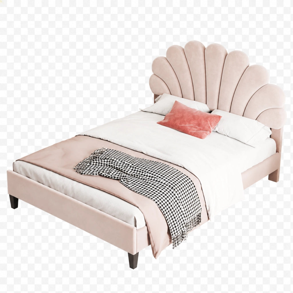 Letto matrimoniale 140x200 cm; testiera floreale e rete a doghe; velluto; beige (Senza materasso)