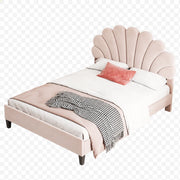 Letto matrimoniale 140x200 cm; testiera floreale e rete a doghe; velluto; beige (Senza materasso)