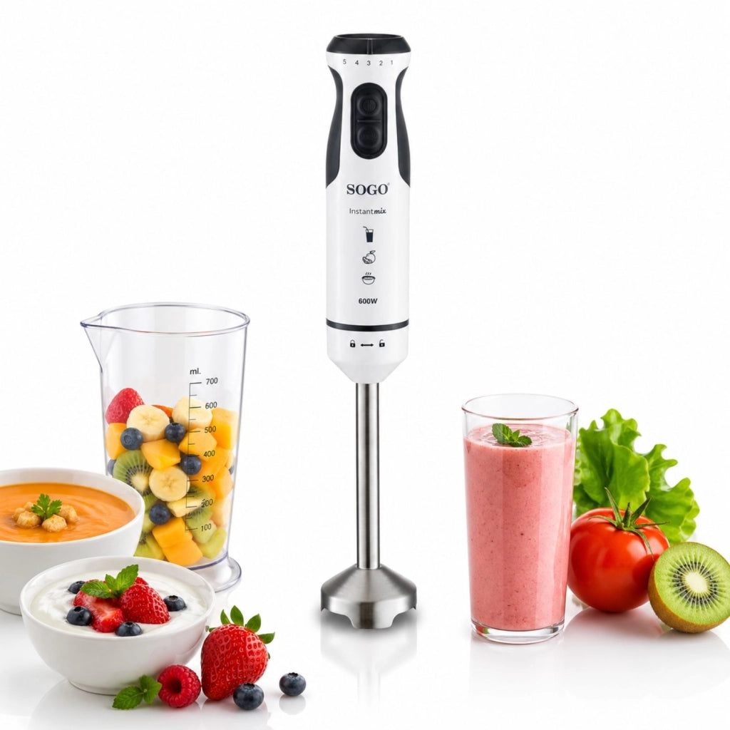 Frullatore elettrico a immersione 600W, 5 velocità variabili, lame acciaio inox, bicchiere graduato 700ml cucina - SOGO