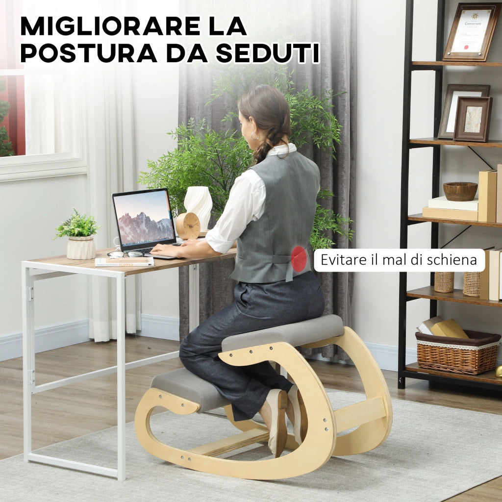 Sedia Ergonomica con Inginocchiatoio 55x85x55 cm Reclinabile in Tessuto Effetto Lino e Legno Grigio Chiaro
